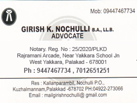 Are you searching for best Advocates in Palakkad Kerala ?. Click here to get Girish K Nochulli  B A LL B   contact address and phone numbers