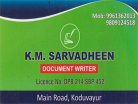 Are you searching for best Documents Writers in Palakkad Kerala ?.
Click here to get K.M Sarvadheen Document Writer contact address and phone numbers