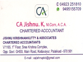 Are you searching for best Chartered Accountants,Auditors in Palakkad Kerala ?.
Click here to get Jishnu krishnankutty and Associates contact address and phone numbers