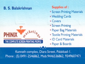 Are you searching for best 
Advertising,Graphic Designers,Designers,Flex Printing Shops,Sign Boards Shops,Sticker Works Shops,Screen Printing,Shop Weeding Card Shop,Printing Presses,Printing Materials Shop ,Paper Product Dealers,Eco Friendly Bags Manufacturers,Paper Carry Bags Manufacturers in Palakkad Kerala ?. Click here to get Phinix Marketingcontact address and phone numbers